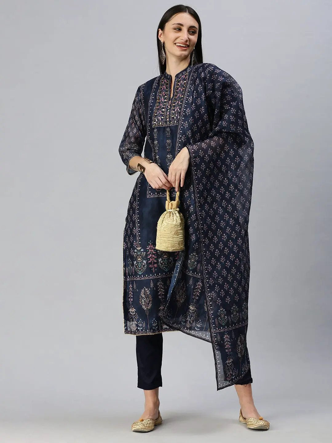 Women's Straight Navy Blue Printed Kurta and Trousers Comes with Dupatta