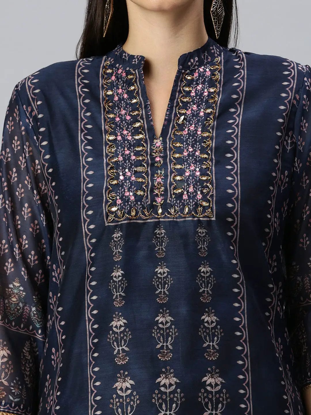 Women's Straight Navy Blue Printed Kurta and Trousers Comes with Dupatta