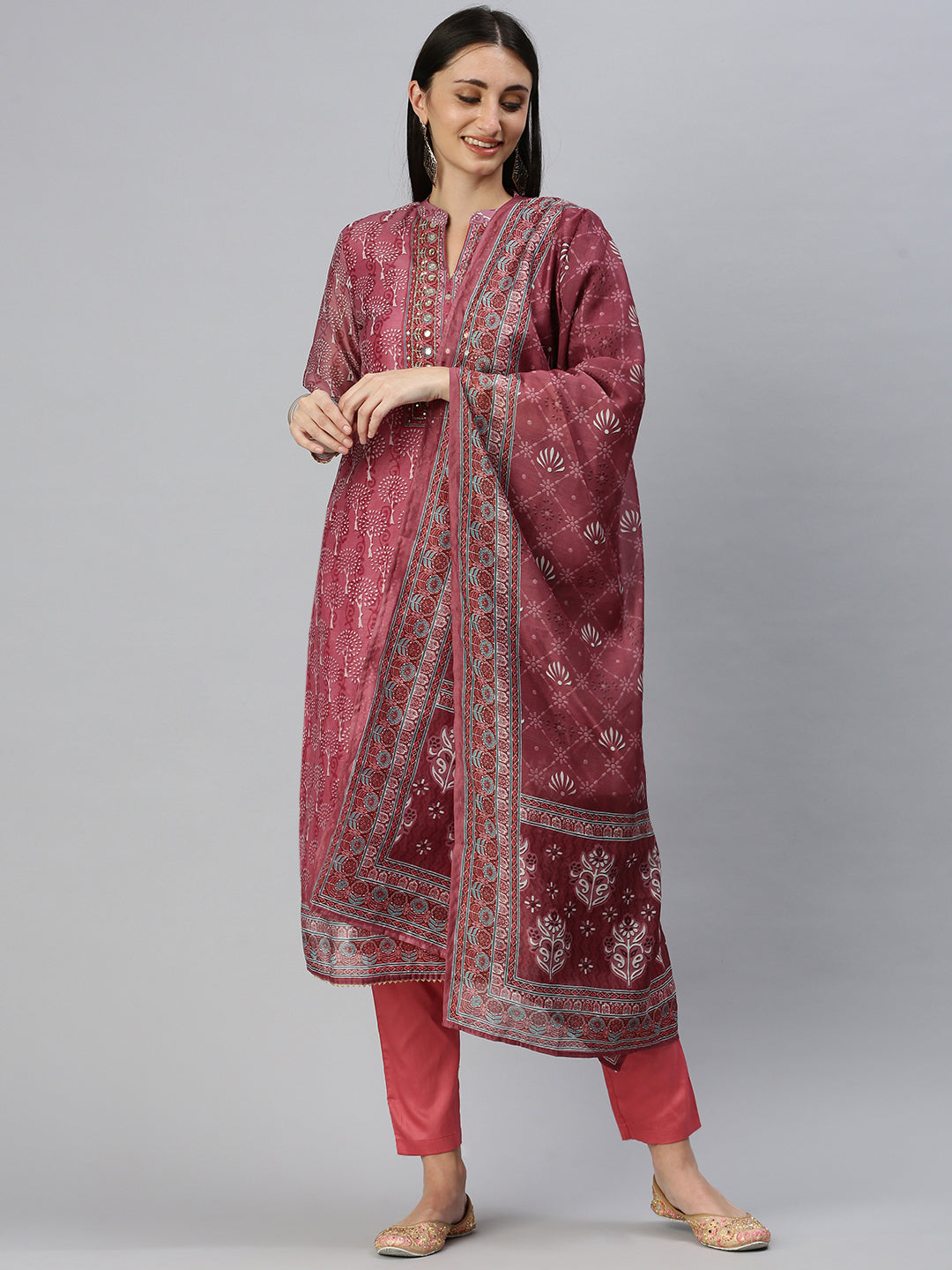 Women Straight Peach Printed Kurta and Trousers Comes with Dupatta