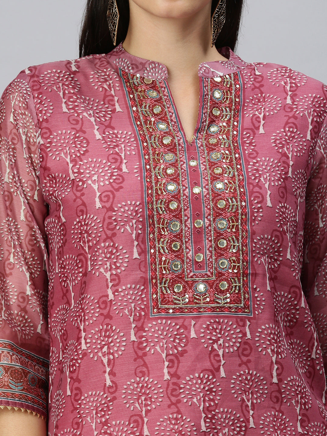 Women Straight Peach Printed Kurta and Trousers Comes with Dupatta