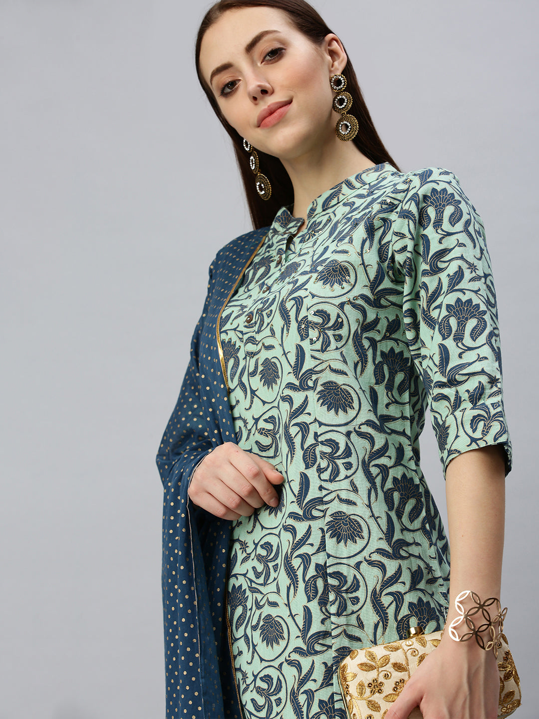 Women Straight Turquoise Blue Printed Kurta and Trousers Comes with Dupatta