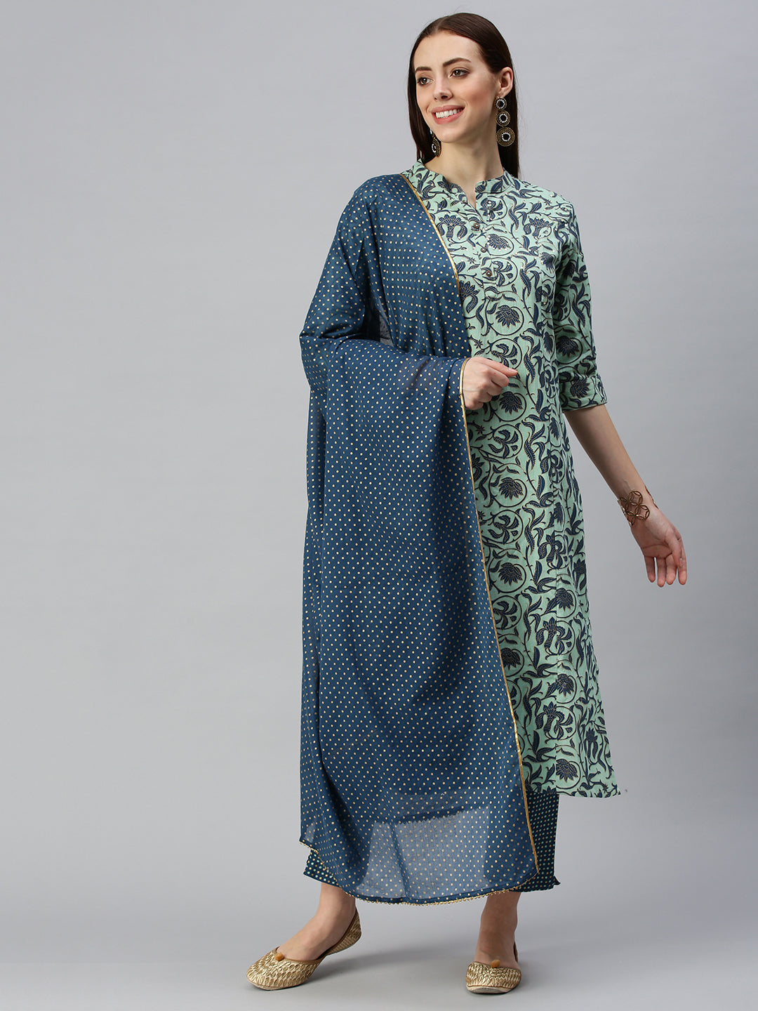 Women Straight Turquoise Blue Printed Kurta and Trousers Comes with Dupatta