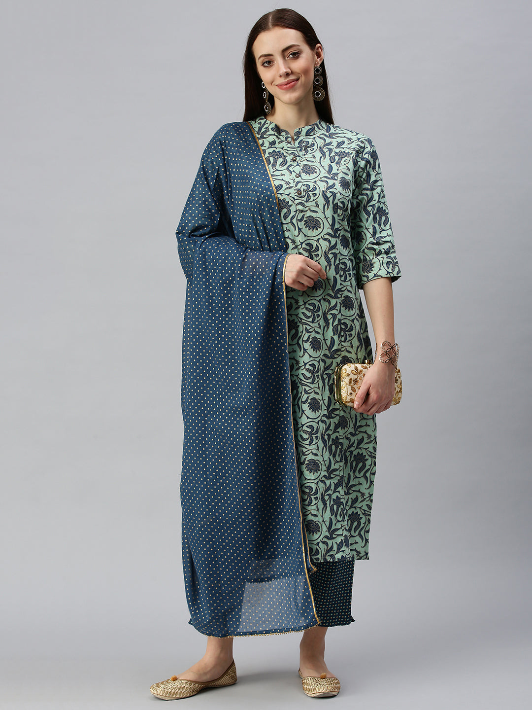 Women Straight Turquoise Blue Printed Kurta and Trousers Comes with Dupatta