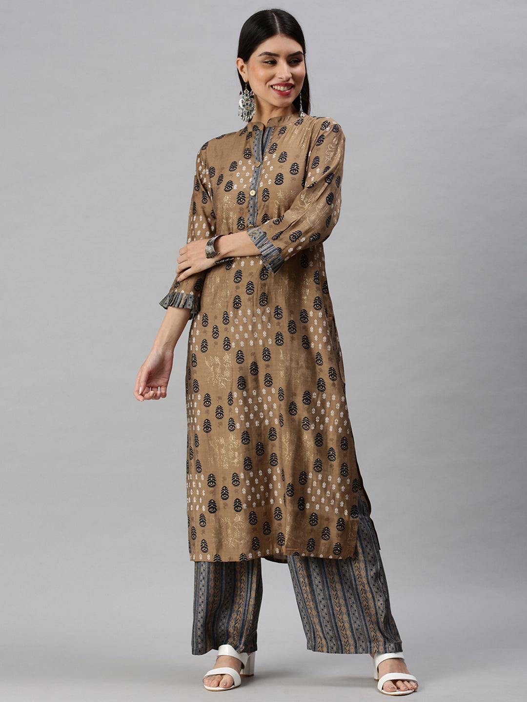 Women Straight Brown Printed Kurta and Palazzos