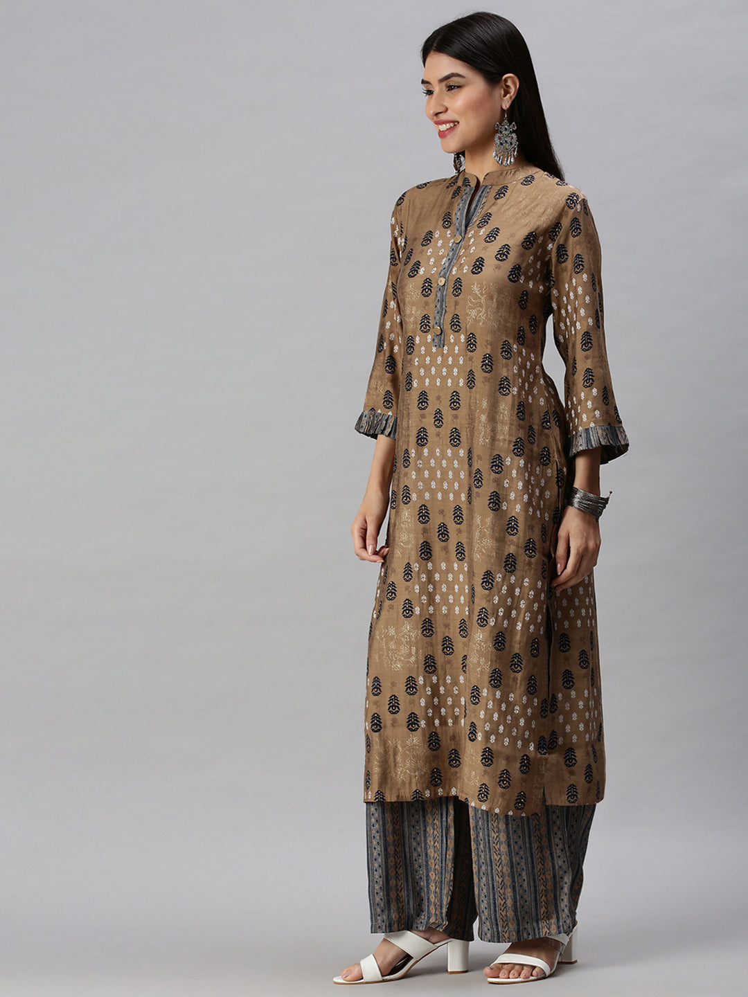 Women Straight Brown Printed Kurta and Palazzos