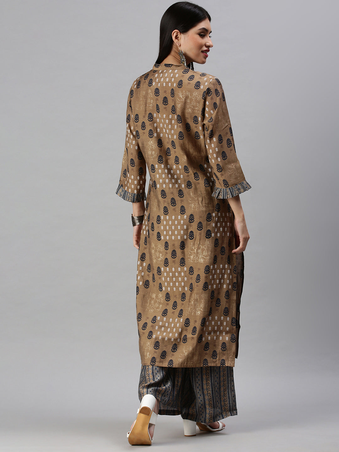 Women Straight Brown Printed Kurta and Palazzos