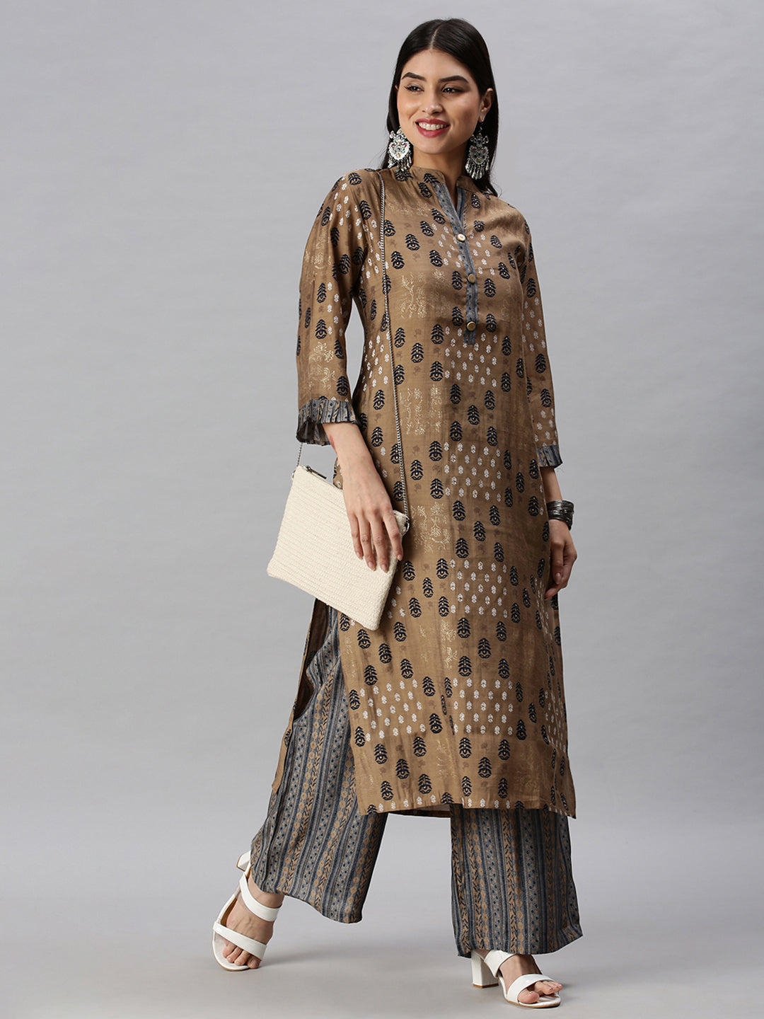 Women Straight Brown Printed Kurta and Palazzos