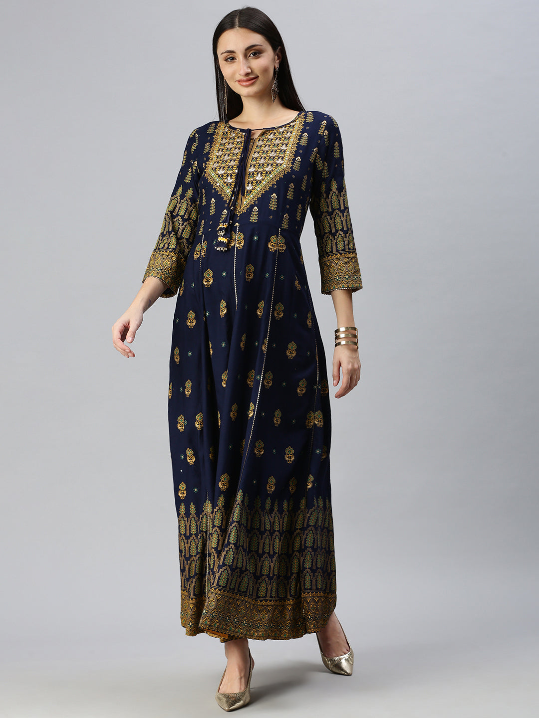 Women Printed Navy Blue Anarkali Kurta