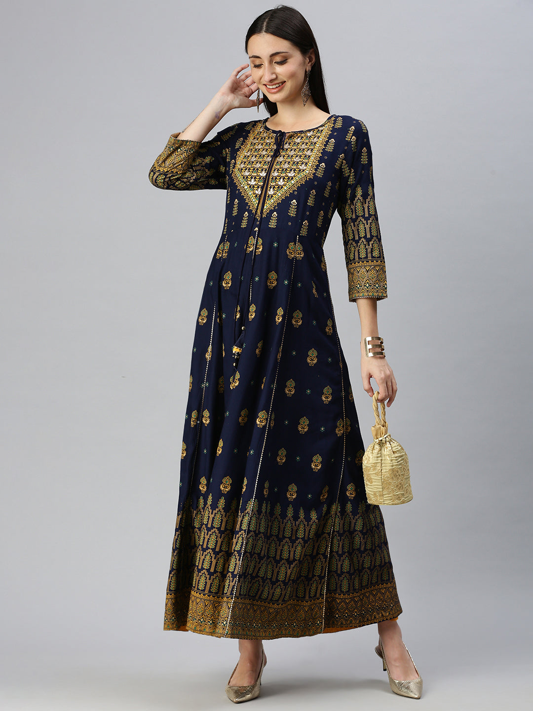 Women Printed Navy Blue Anarkali Kurta