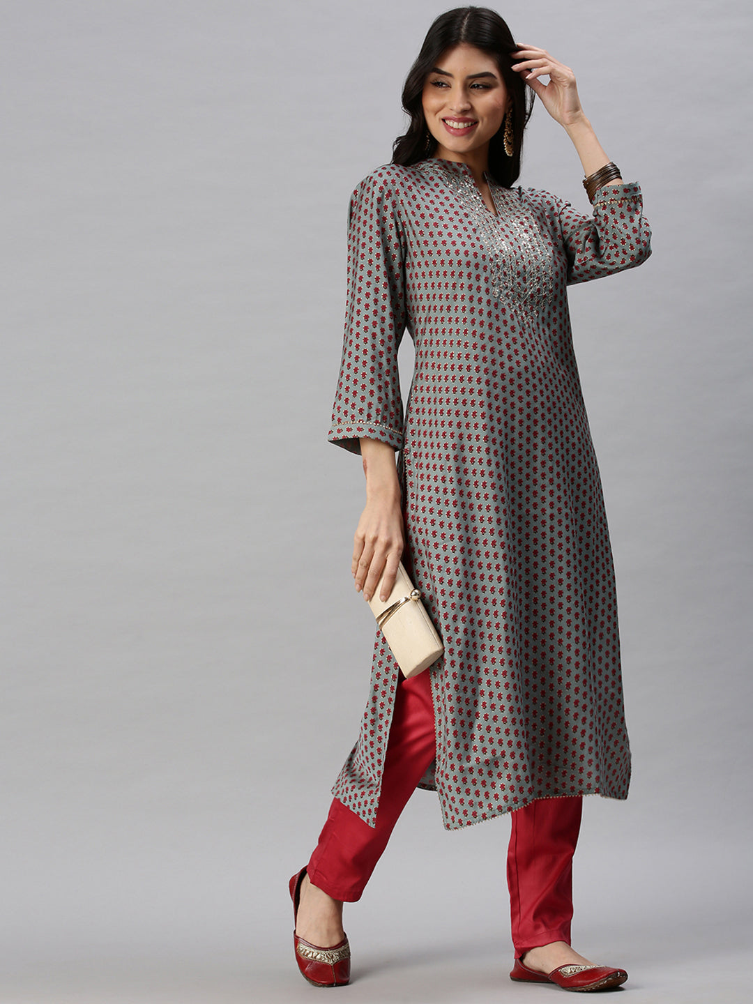 Women Straight Turquoise Blue Printed Kurta and Trousers