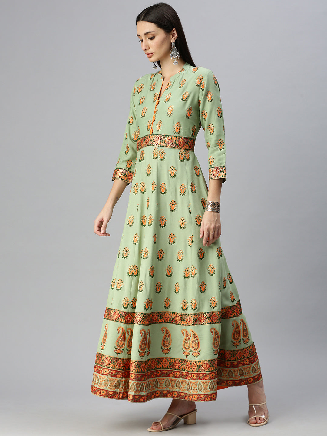 Women Mandarin Collar Printed Green Anarkali Kurta