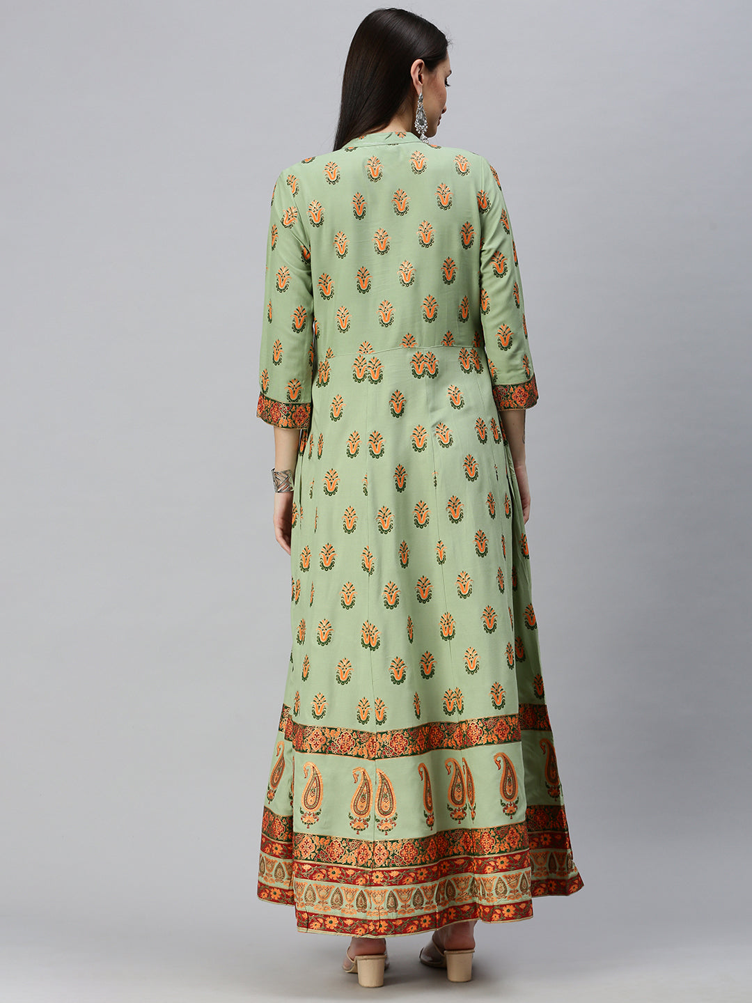 Women Mandarin Collar Printed Green Anarkali Kurta