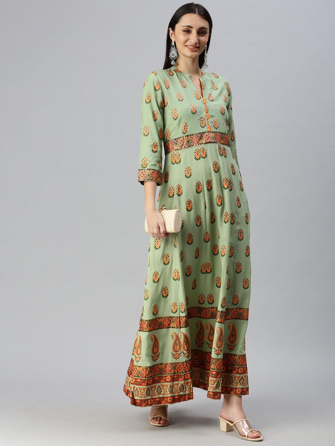 Women Mandarin Collar Printed Green Anarkali Kurta