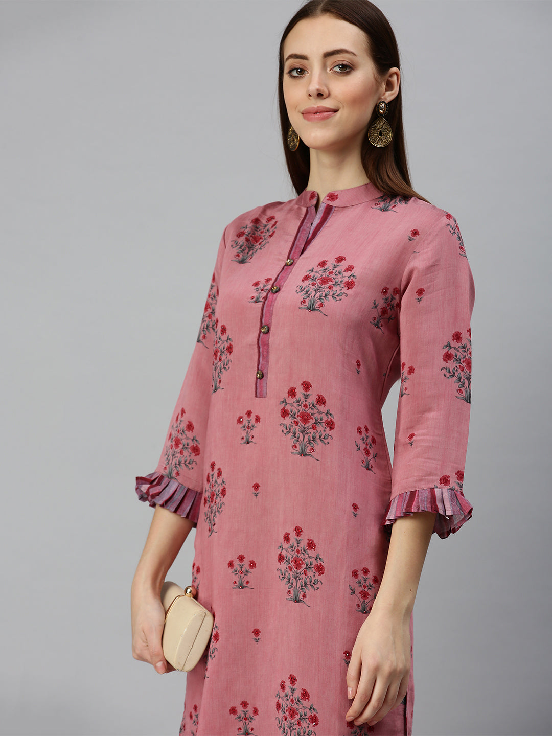 Women Mandarin Collar Printed Purple Straight Kurta