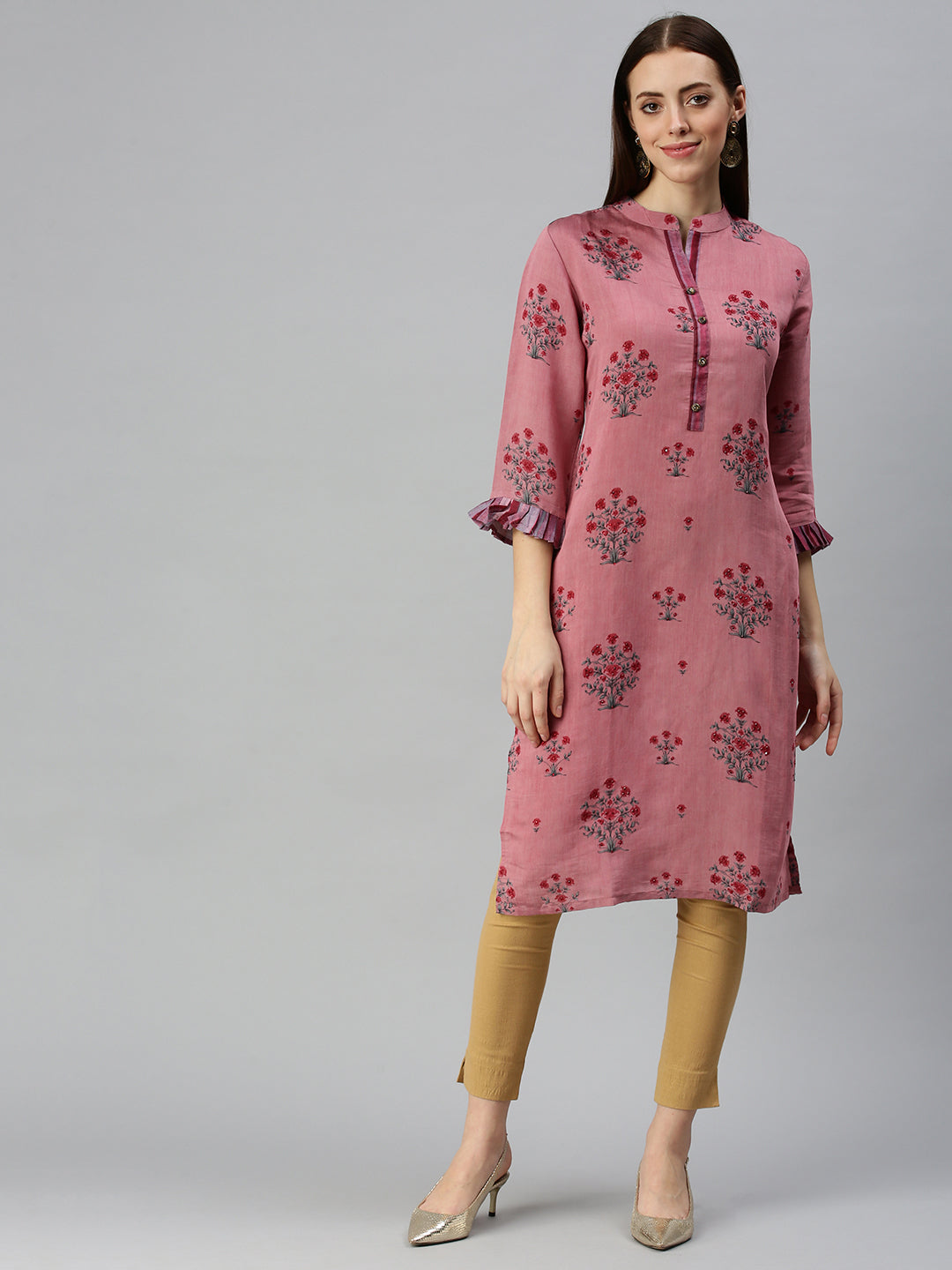 Women Mandarin Collar Printed Purple Straight Kurta