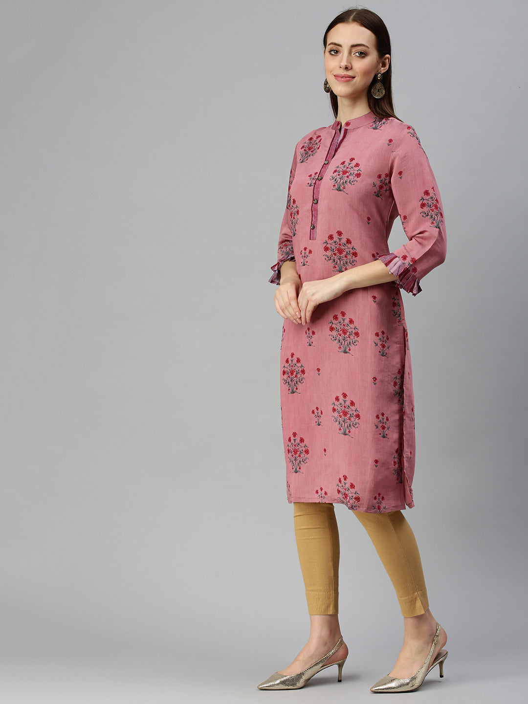 Women Mandarin Collar Printed Purple Straight Kurta