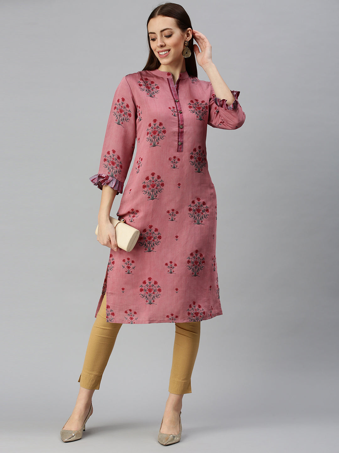 Women Mandarin Collar Printed Purple Straight Kurta