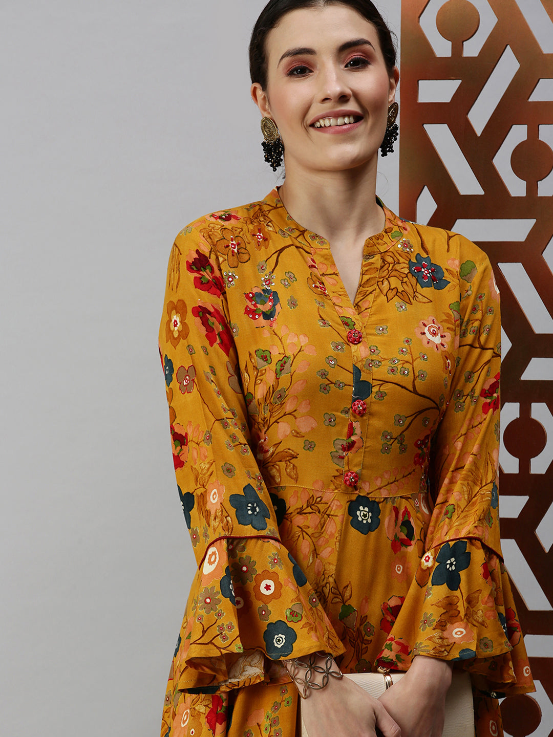 Women Mandarin Collar Printed Yellow Anarkali Kurta