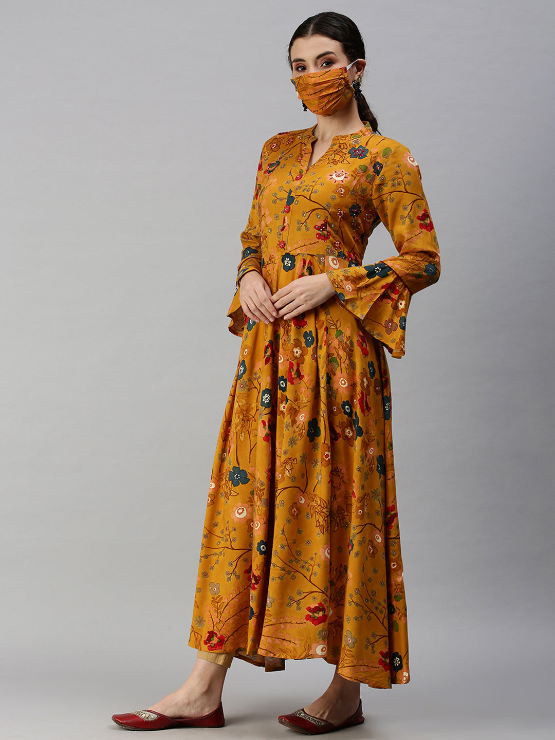 Women Mandarin Collar Printed Yellow Anarkali Kurta