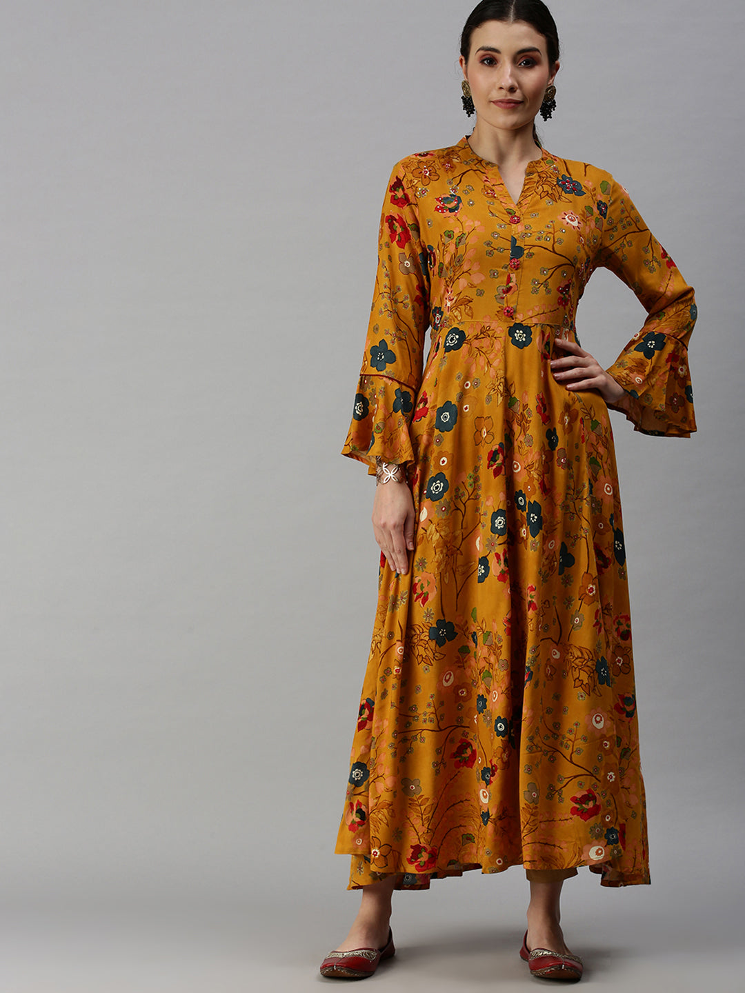 Women Mandarin Collar Printed Yellow Anarkali Kurta