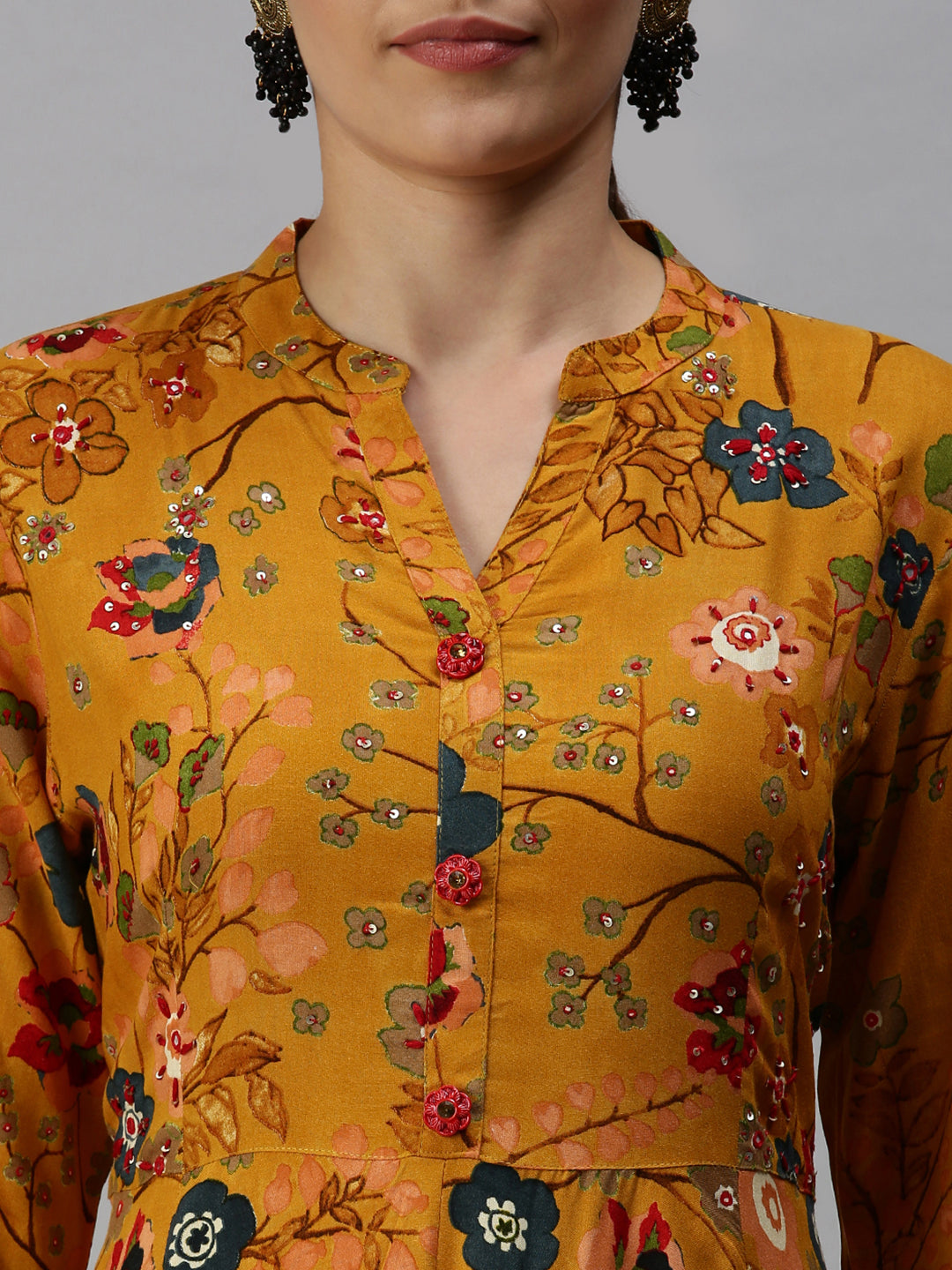 Women Mandarin Collar Printed Yellow Anarkali Kurta