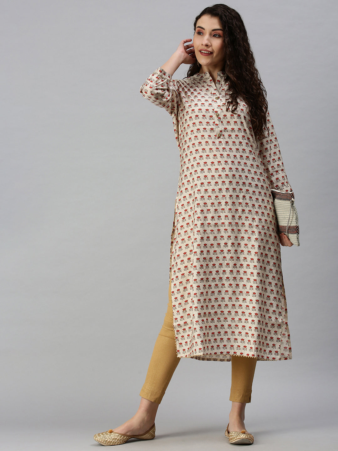 Women Mandarin Collar Printed Cream Straight Kurta