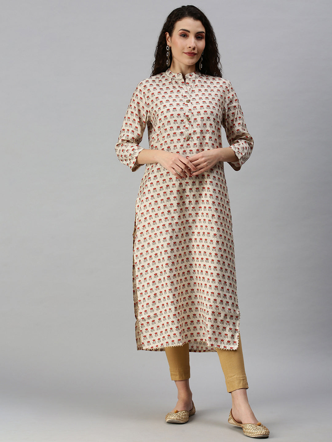 Women Mandarin Collar Printed Cream Straight Kurta