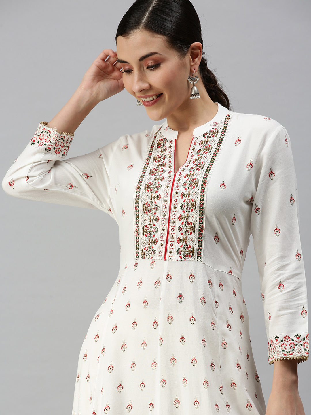 Women V-Neck Printed White Anarkali Kurta