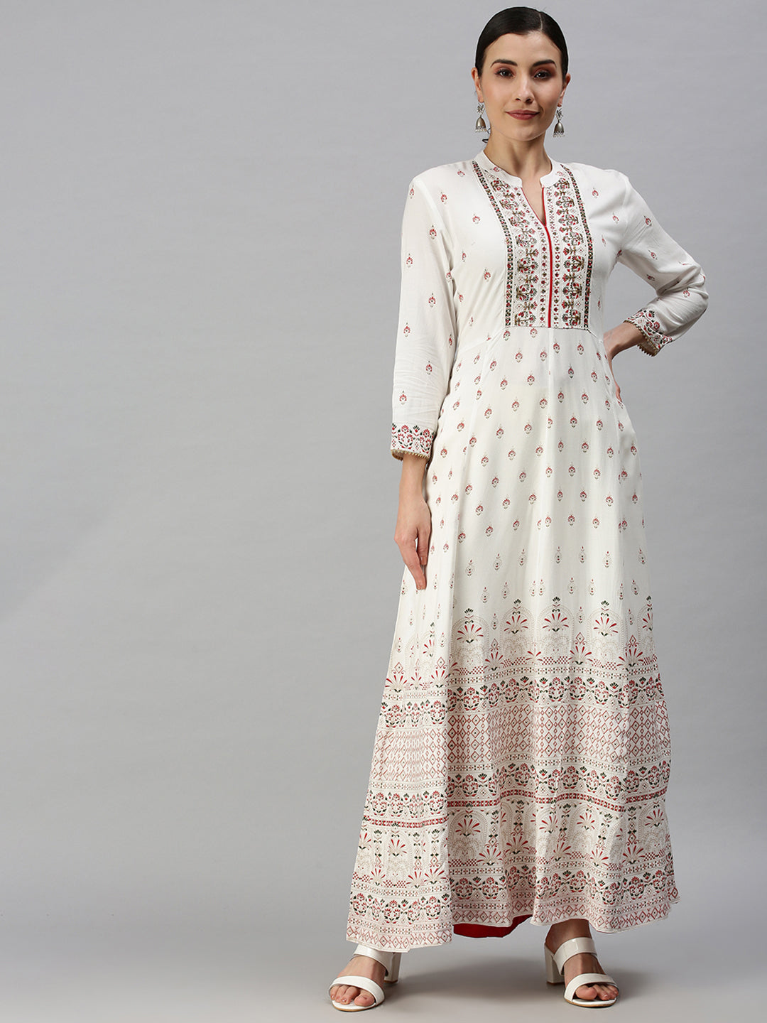 Women V-Neck Printed White Anarkali Kurta