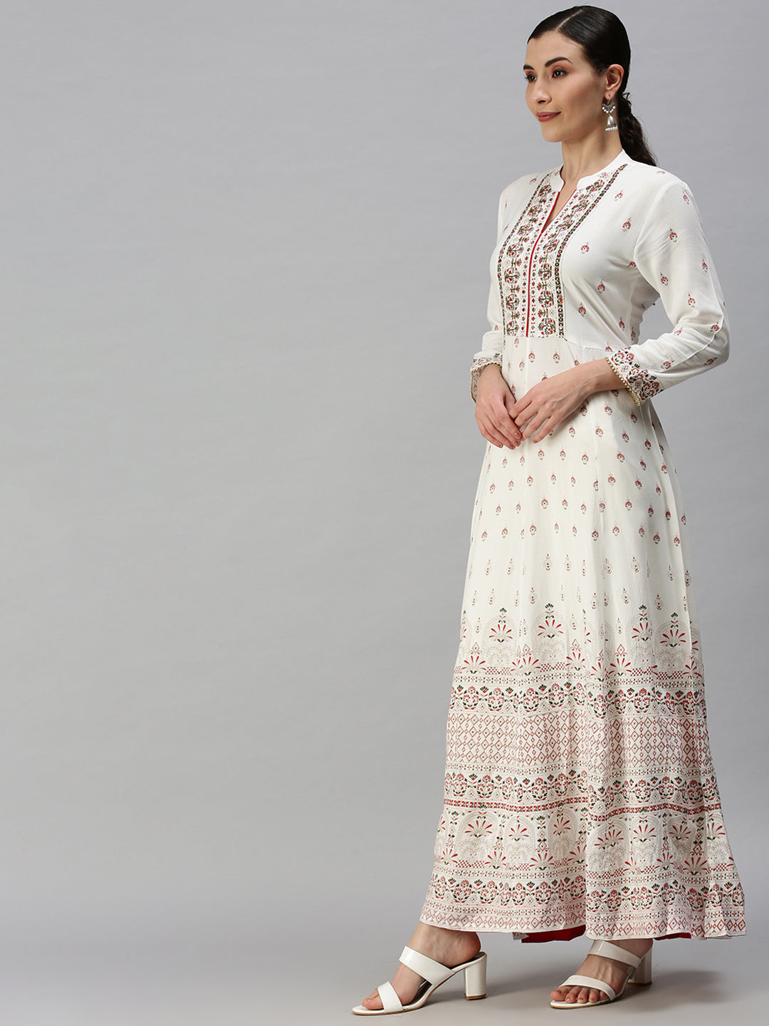 Women V-Neck Printed White Anarkali Kurta