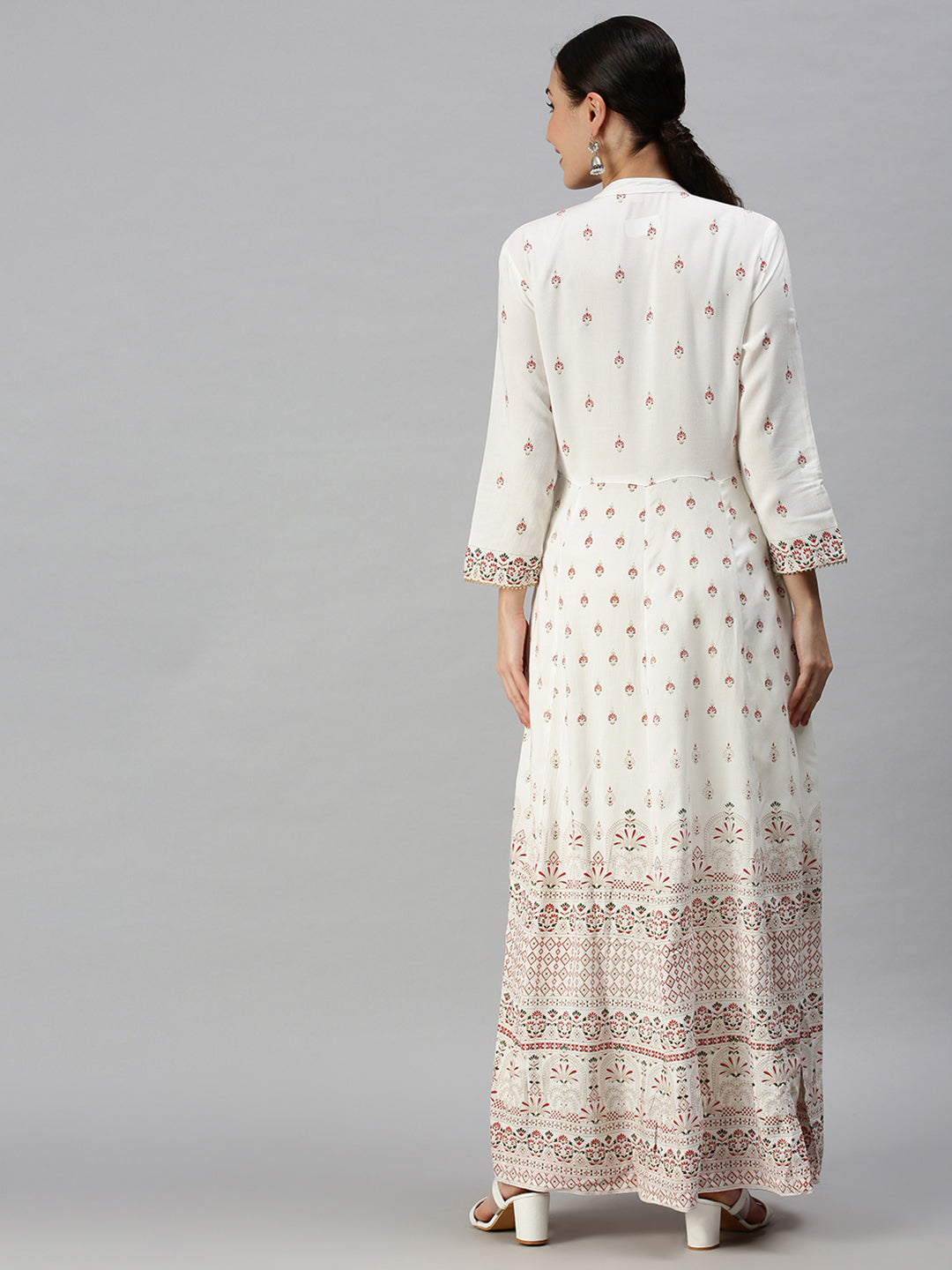 Women V-Neck Printed White Anarkali Kurta