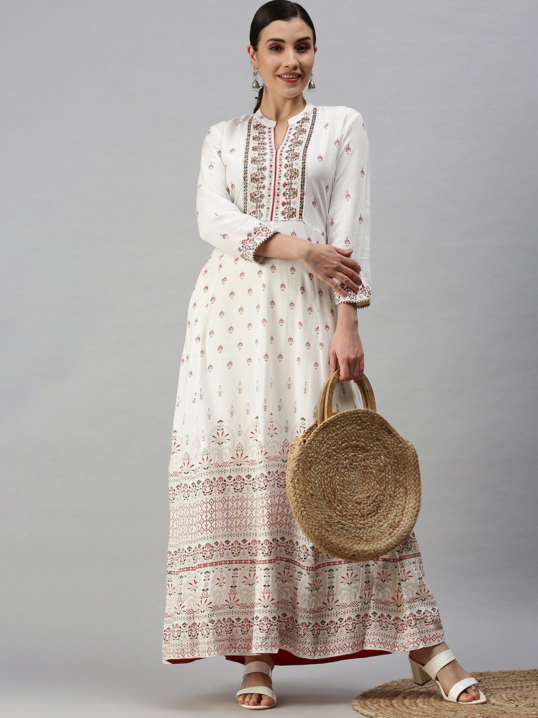 Women V-Neck Printed White Anarkali Kurta