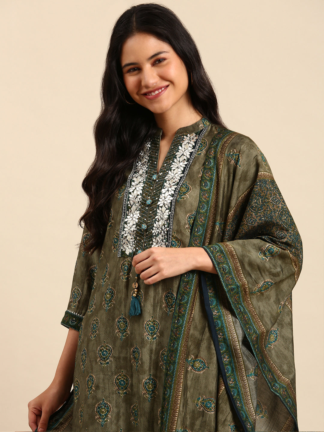 Women Graphic Olive Straight Kurta Set with Dupatta