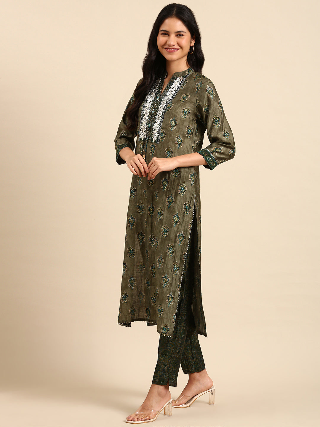 Women Graphic Olive Straight Kurta Set with Dupatta