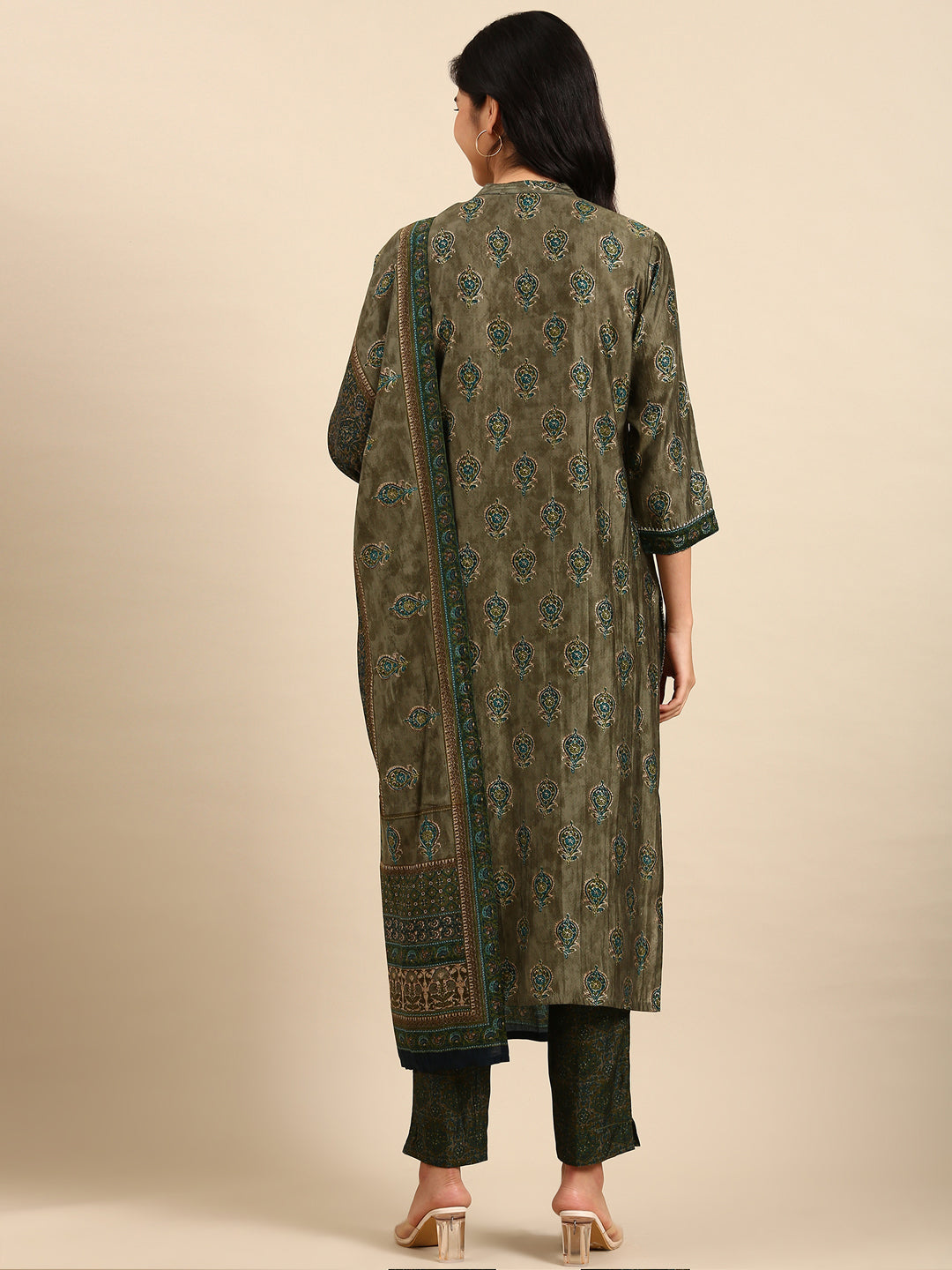 Women Graphic Olive Straight Kurta Set with Dupatta