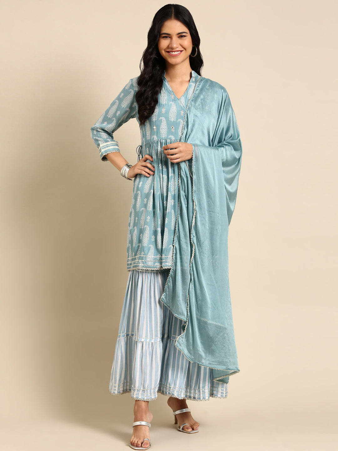 Women Paisley Blue Anarkali Kurta Set with Dupatta