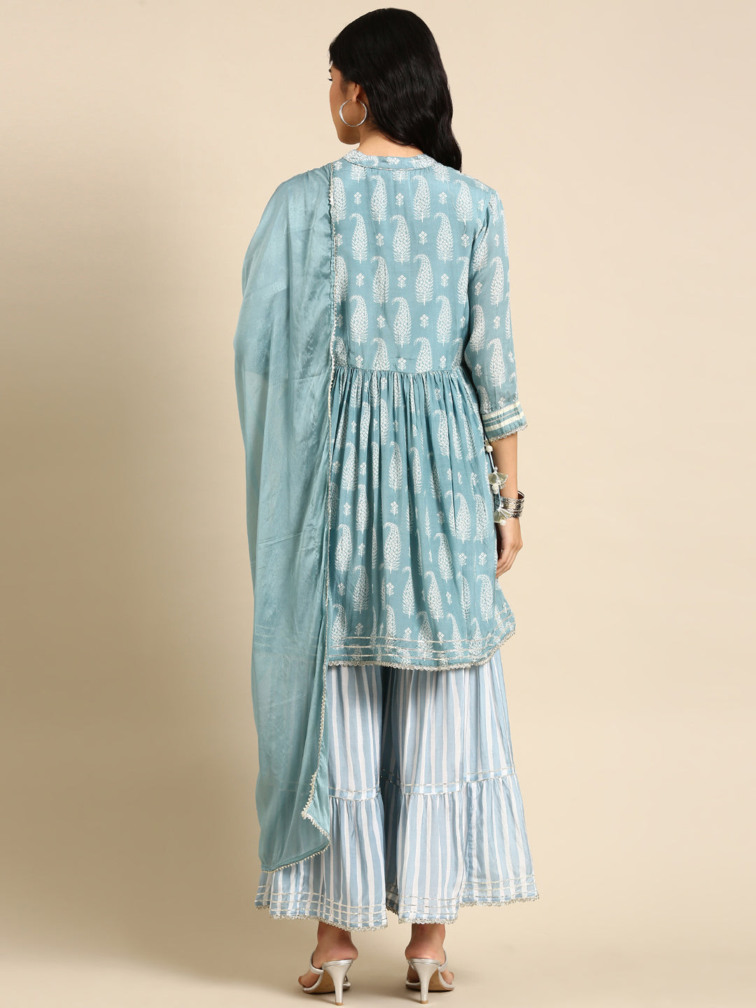 Women Paisley Blue Anarkali Kurta Set with Dupatta