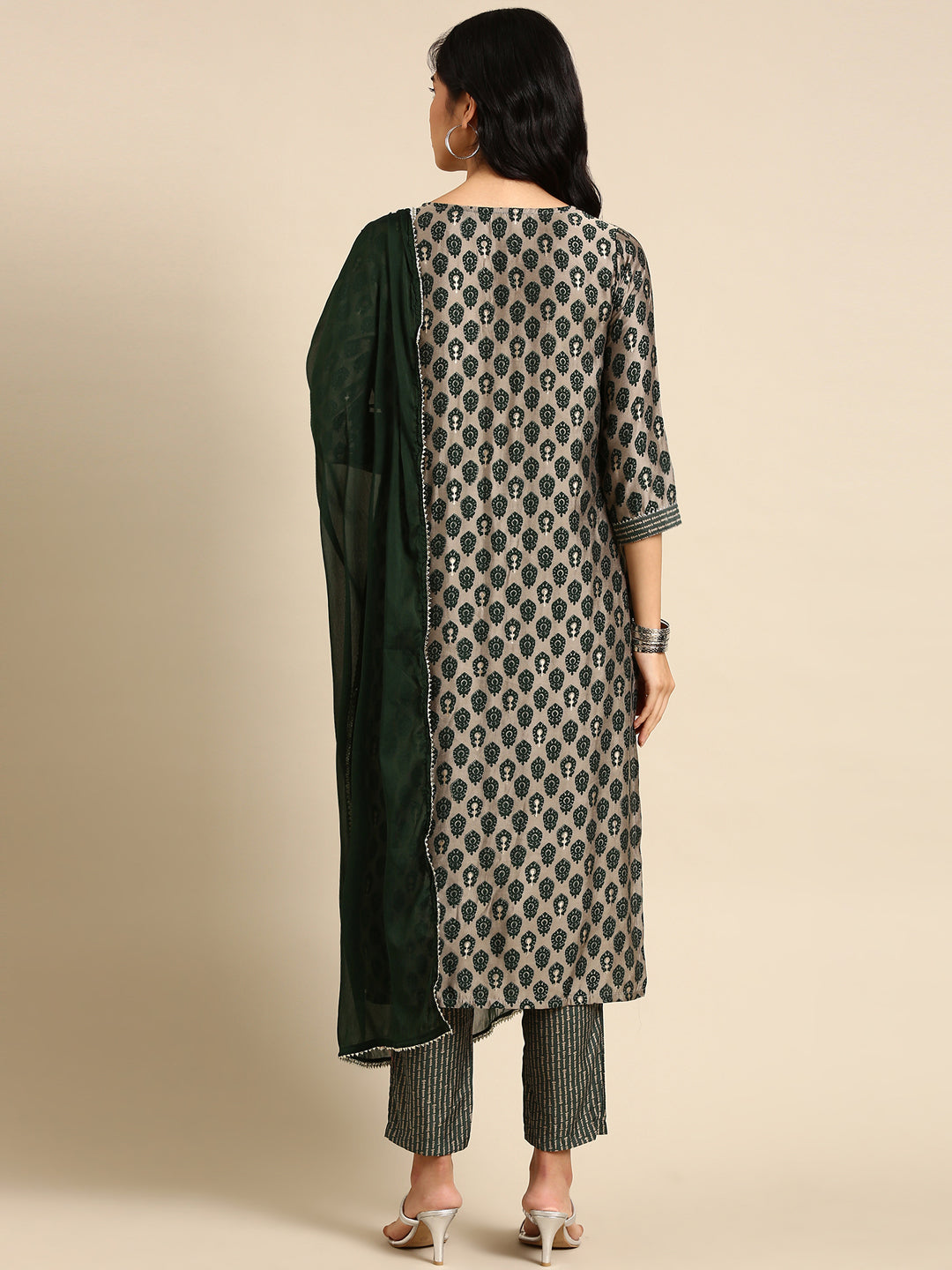 Women Graphic Grey Straight Kurta Set with Dupatta