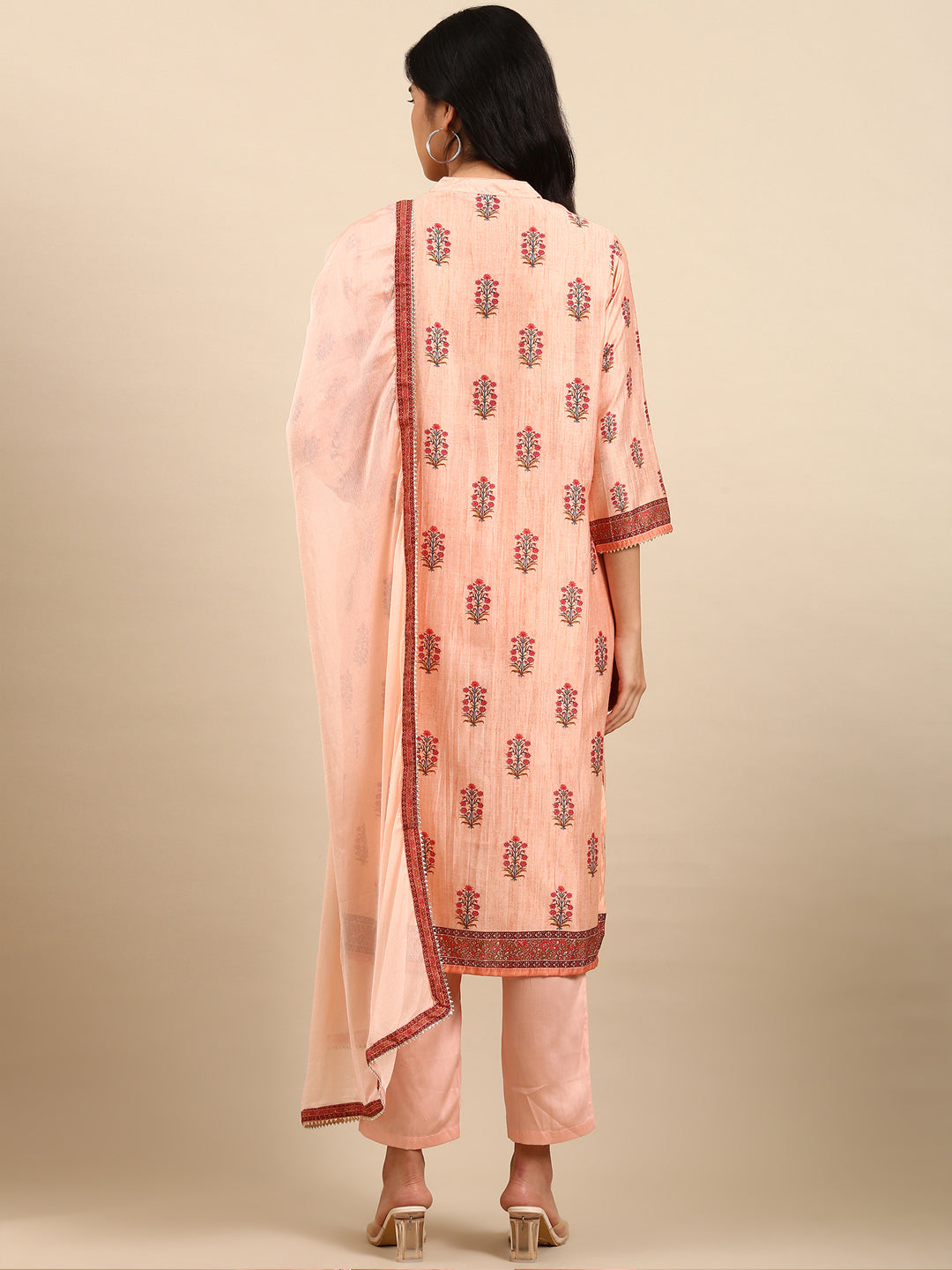 Women Floral Peach Straight Kurta Set with Dupatta