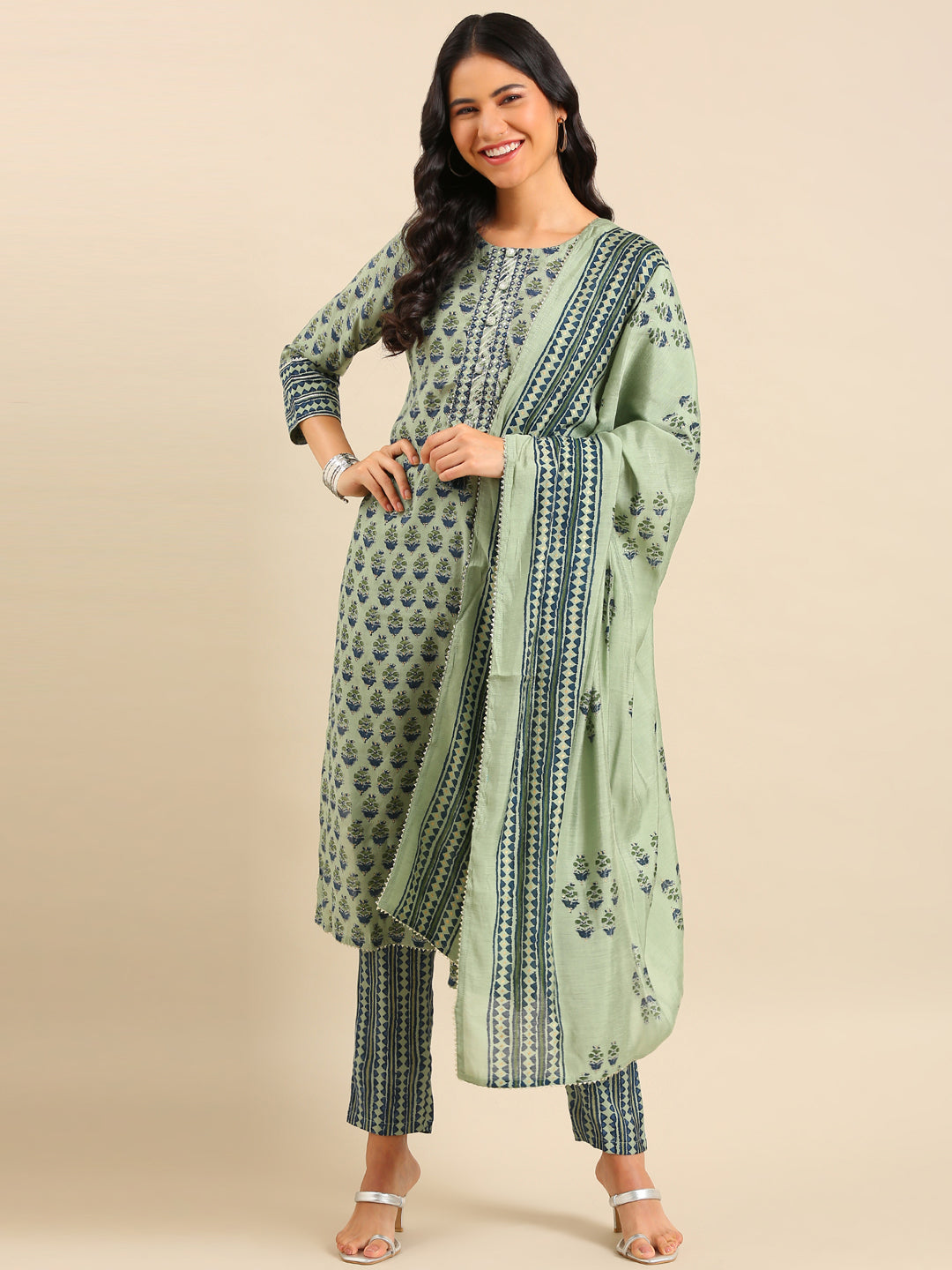 Women Graphic Green Straight Kurta Set with Dupatta