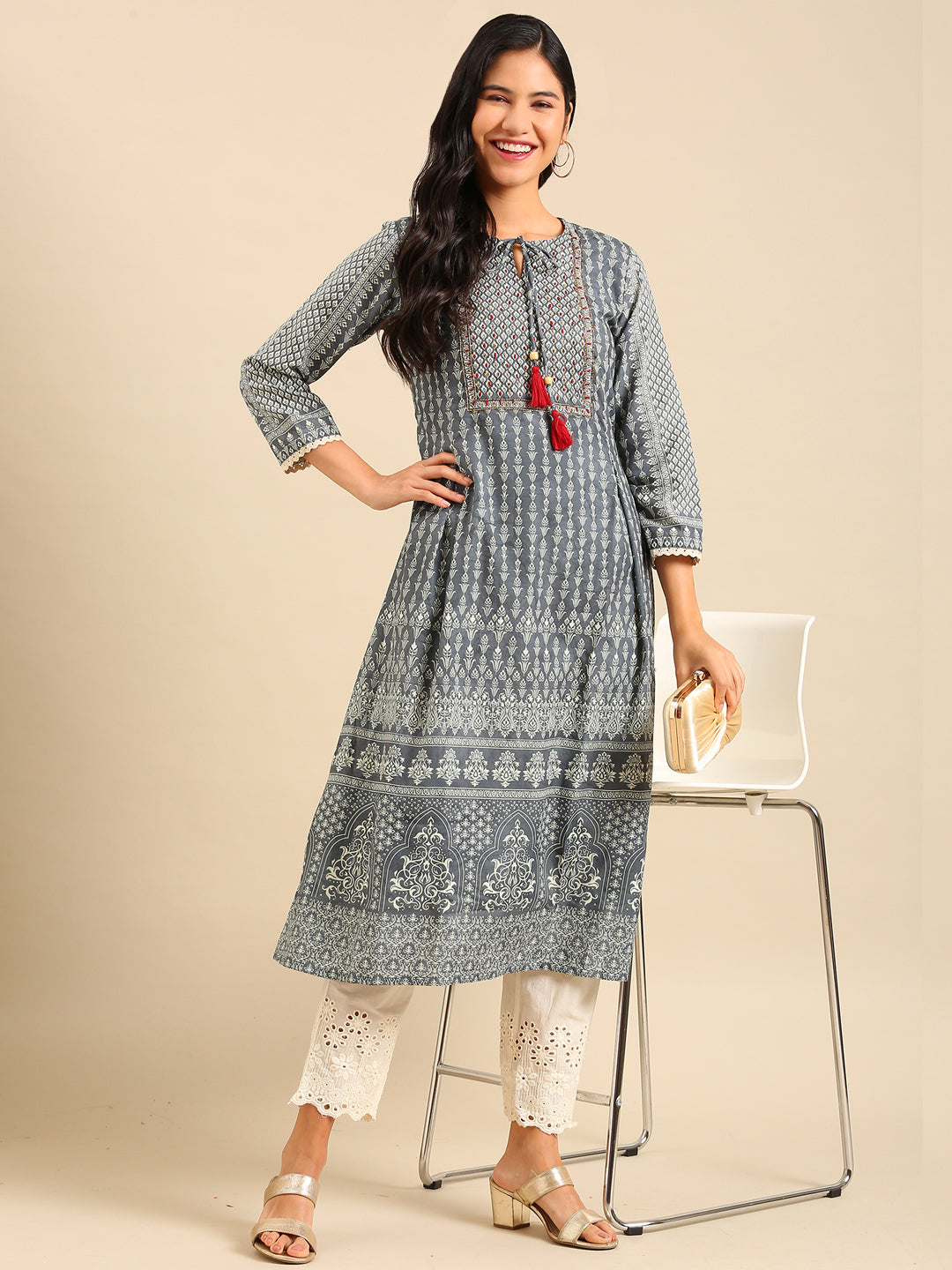 Women Graphic Grey A-Line Kurta Set