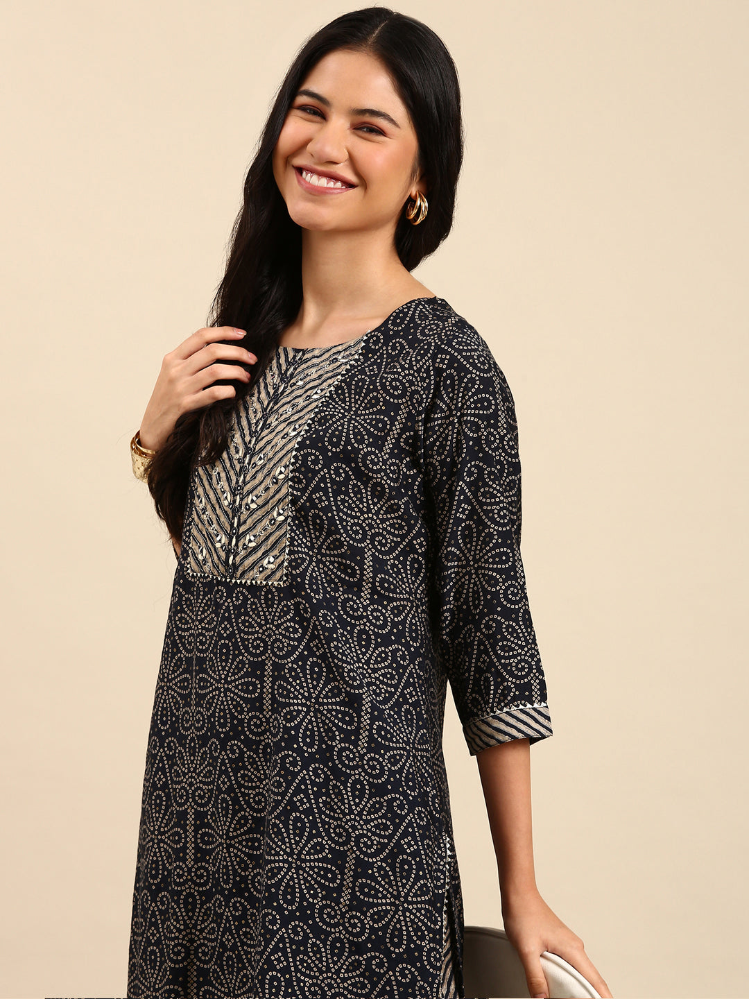 Women Bandhani Navy Blue Straight Kurta Set