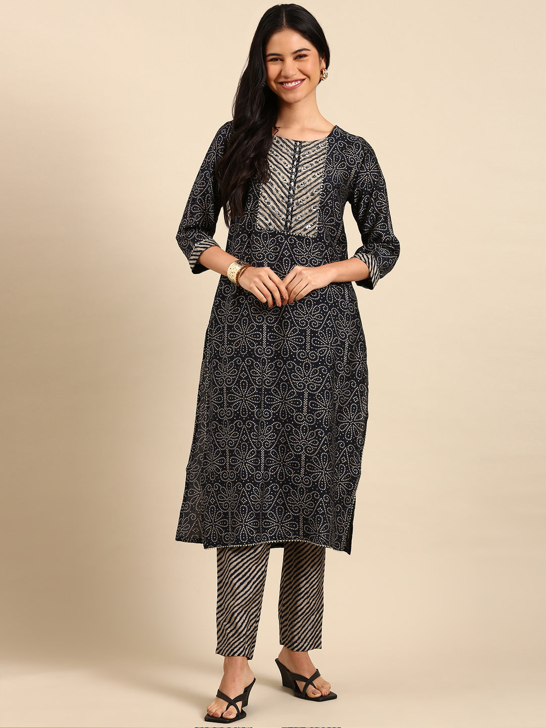 Women Bandhani Navy Blue Straight Kurta Set