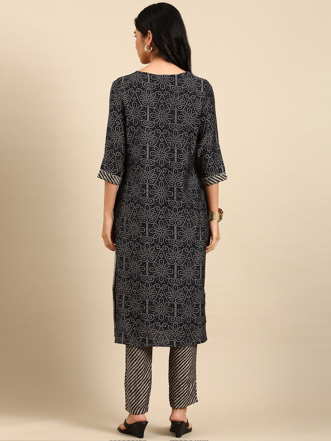 Women Bandhani Navy Blue Straight Kurta Set