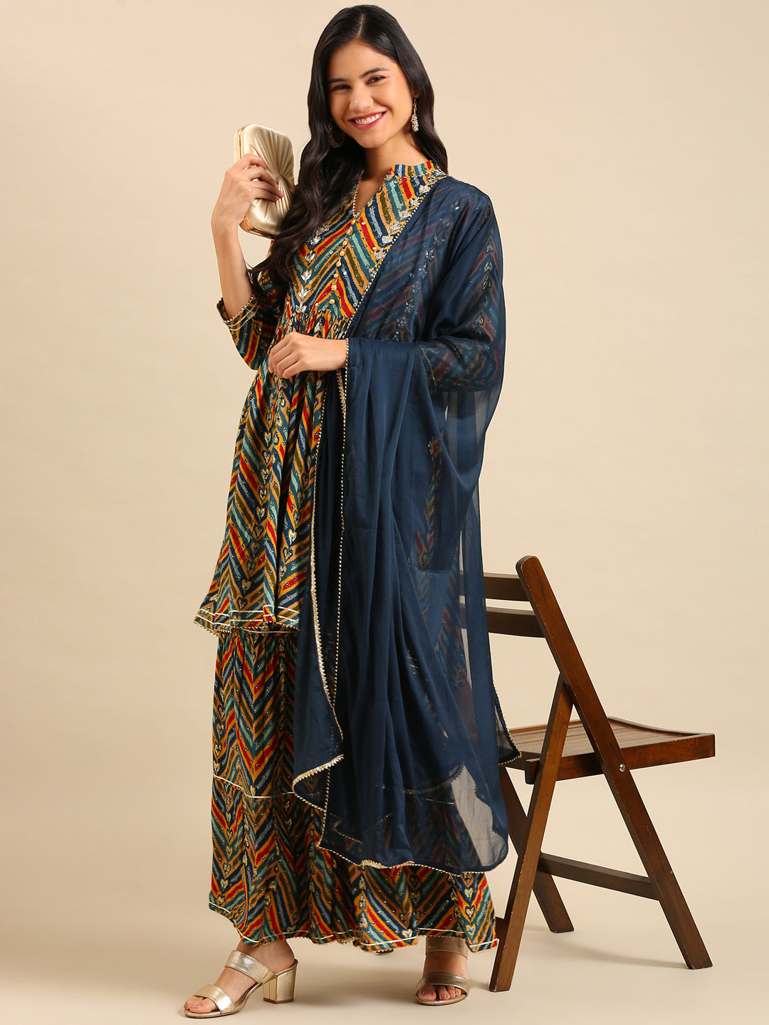 Women Chevron Multi Anarkali Kurta Set with Dupatta