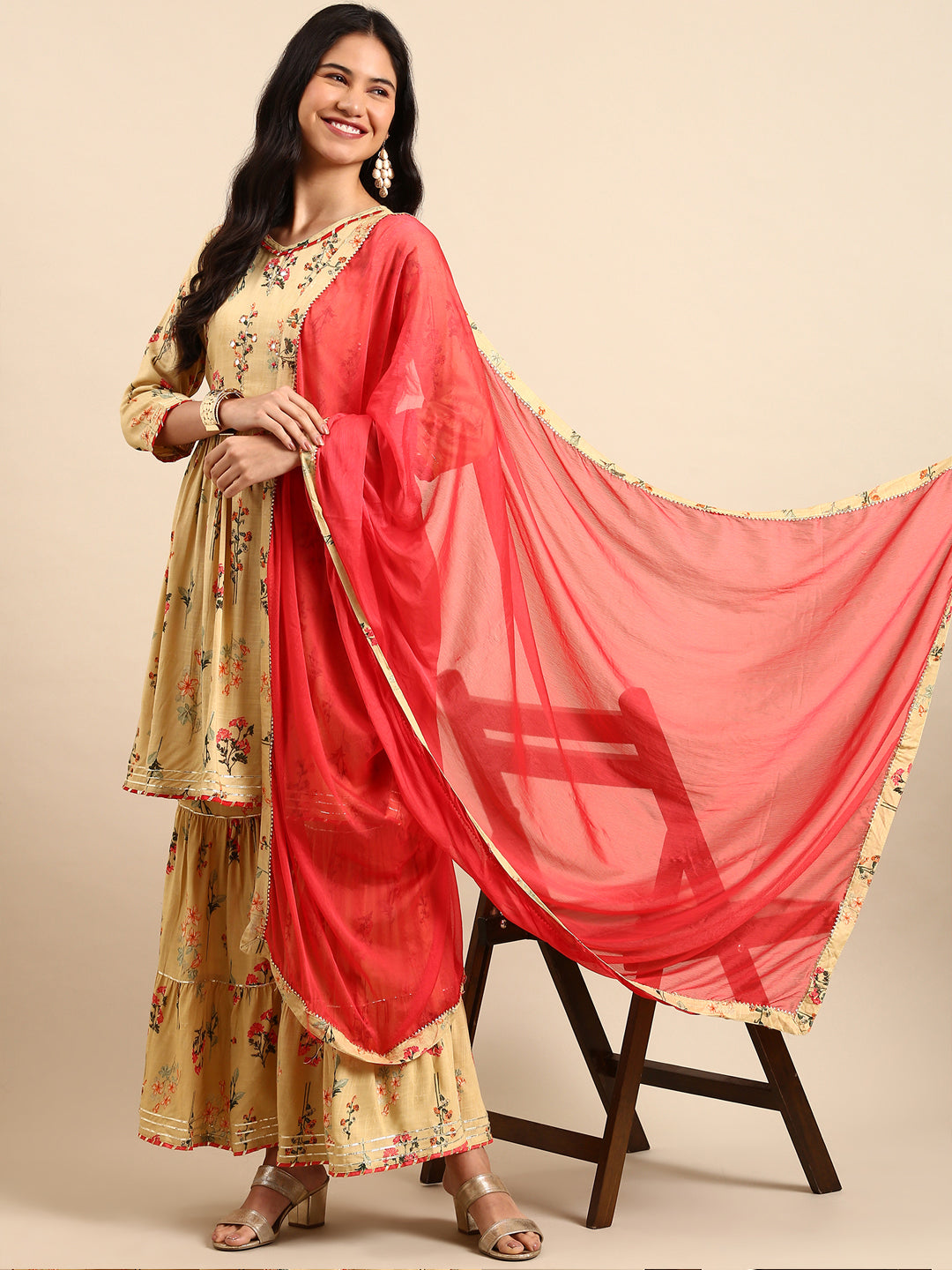 Women Floral Beige Anarkali Kurta Set with Dupatta