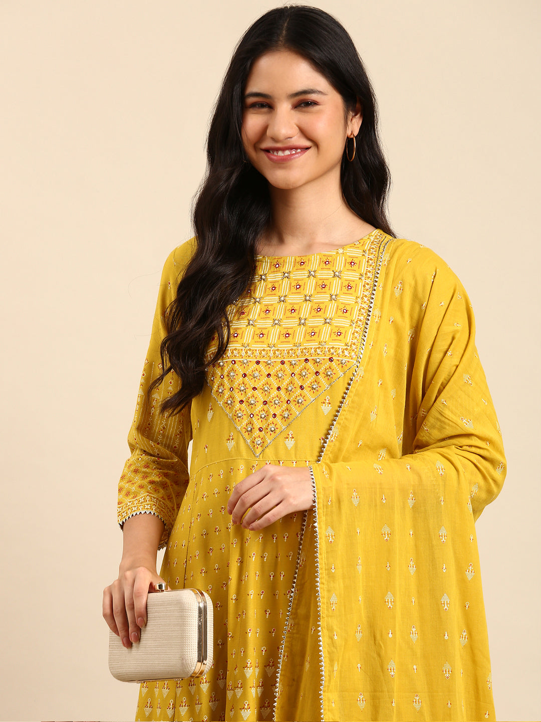 Women Graphic Yellow Anarkali Kurta Set with Dupatta