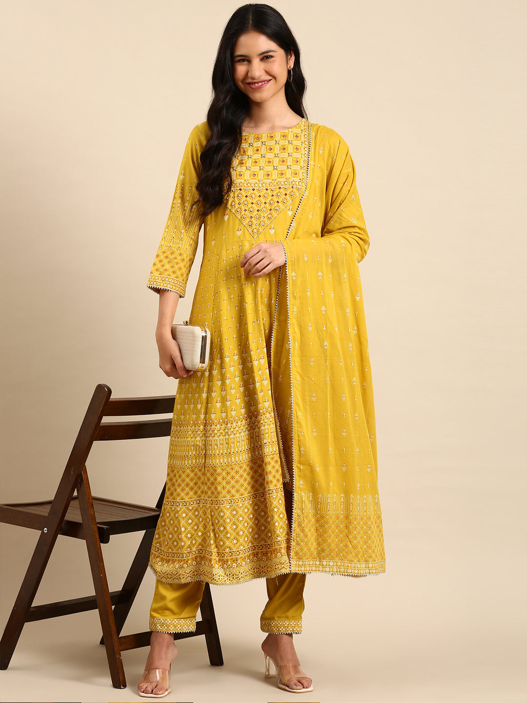 Women Graphic Yellow Anarkali Kurta Set with Dupatta