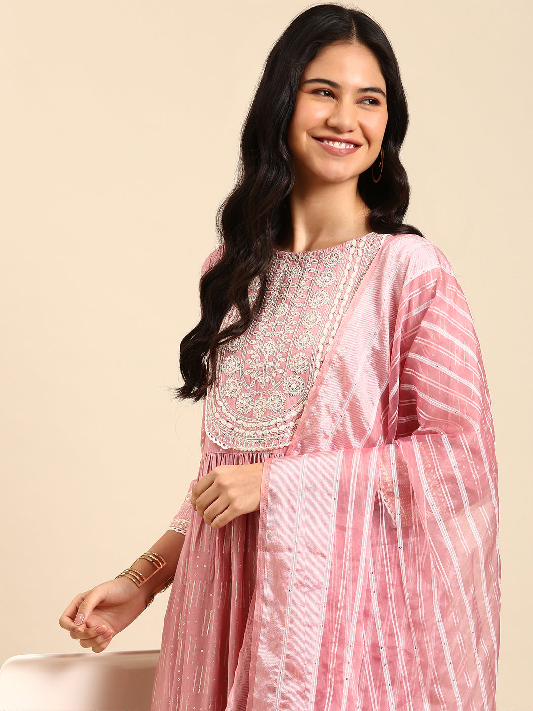 Women Geometric Pink Anarkali Kurta Set with Dupatta