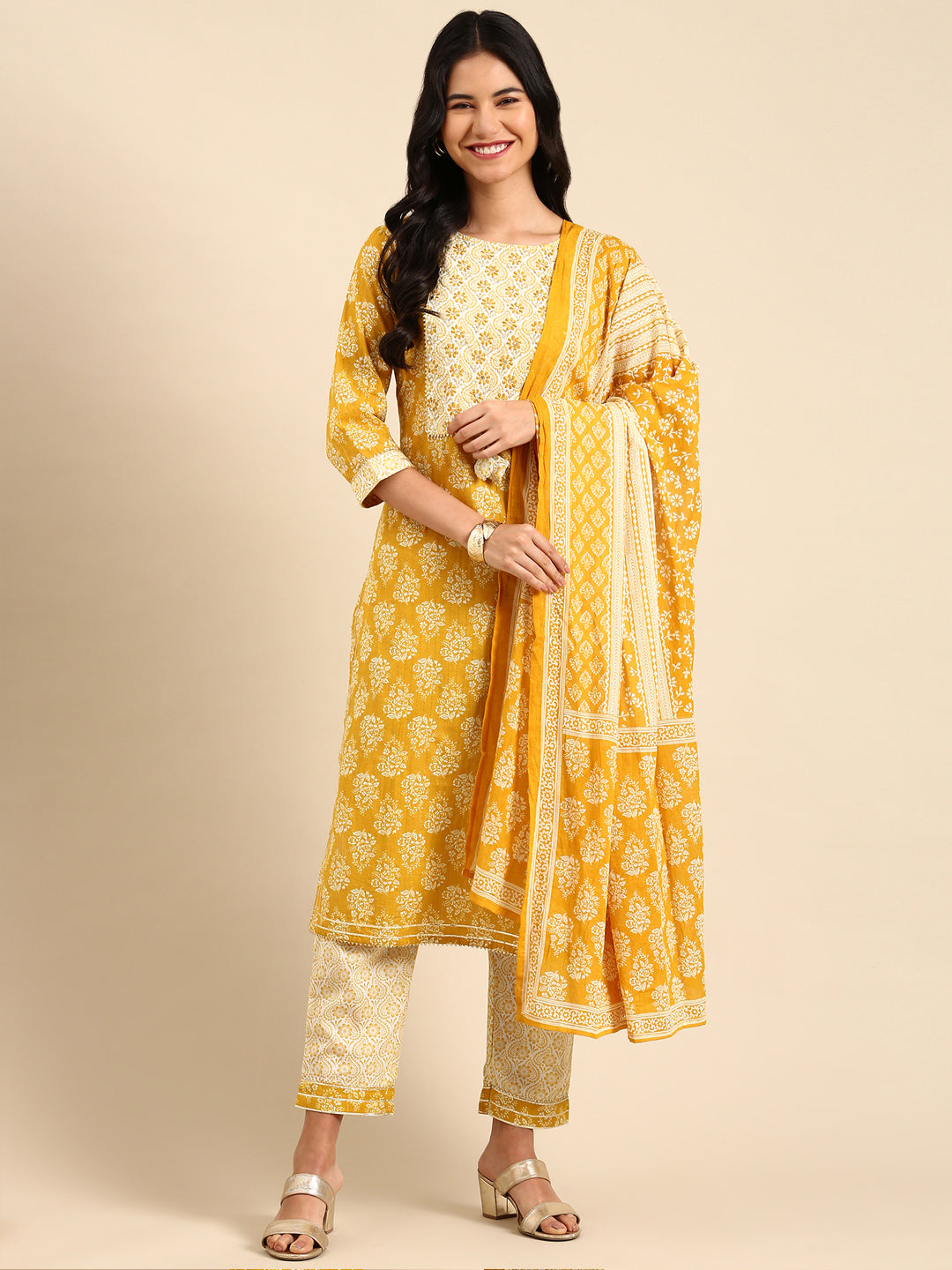 Women Graphic Yellow Straight Kurta Set with Dupatta